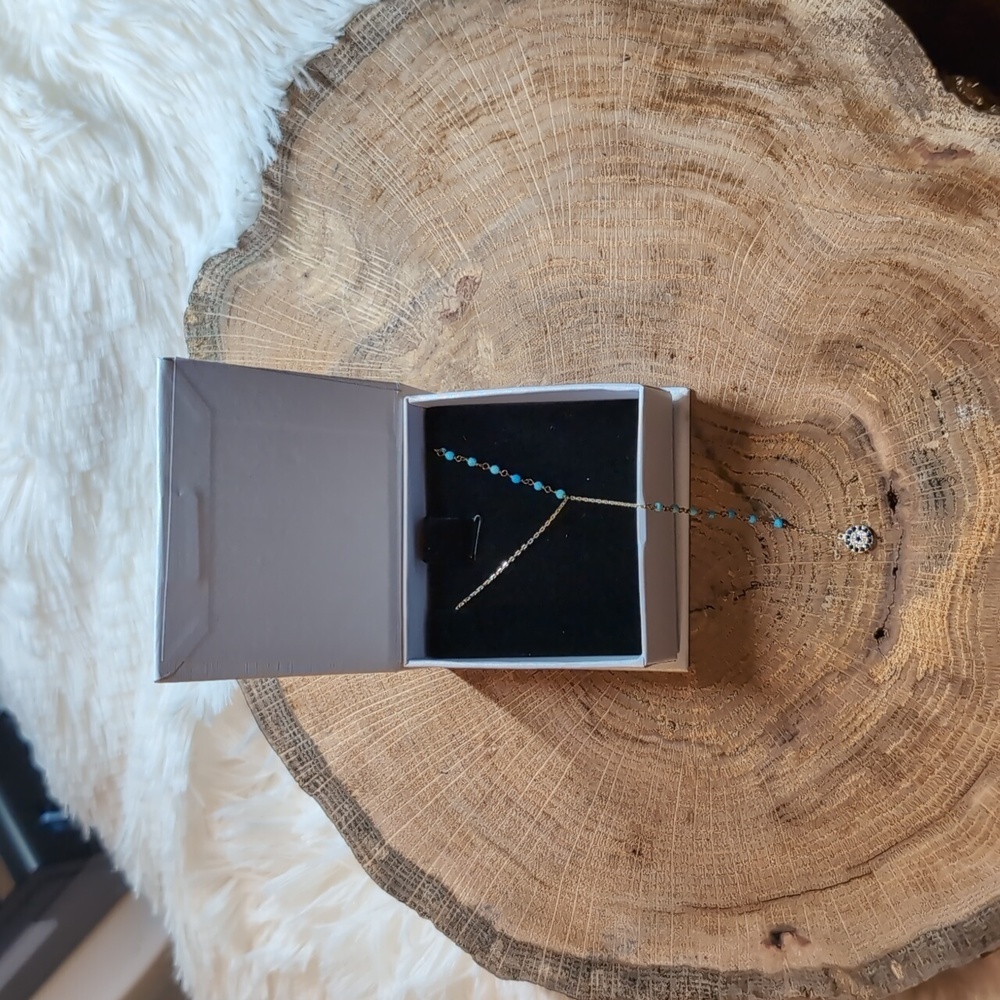 Elegant Gold Necklace with Sapphire Turqioise Accents and Evil Eye Design - Picture 8 of 12